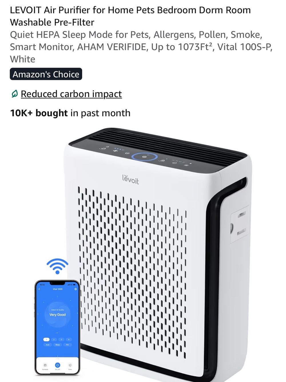 Levoit White HEPA Air Purifier for Home and Pets
